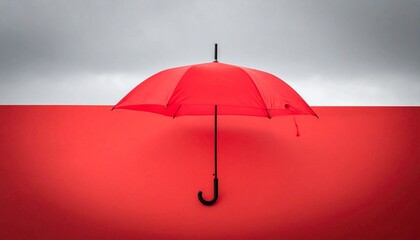 Single red umbrella suspended mid-air against solid red background—minimalist monochrome composition evokes protection, solitude, and bold artistic symbolism through color and form.