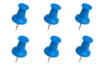 Six bright blue thumbtacks or push pins arranged in two rows on a black background
