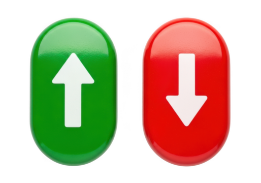 Green up arrow and red down arrow buttons isolated on transparent background