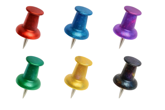 Six colorful push pins in red blue purple green yellow and black arranged in two rows on a black background
