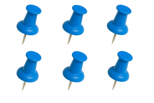 Six bright blue thumbtacks or push pins arranged in two rows on a black background
