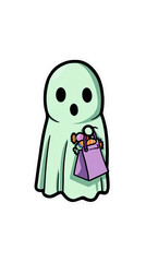 Cute Playful Ghost Sticker Illustration Holding Halloween Candy Bag