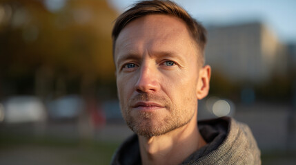 Naklejka premium Serious man looking at the camera during golden hour outside.