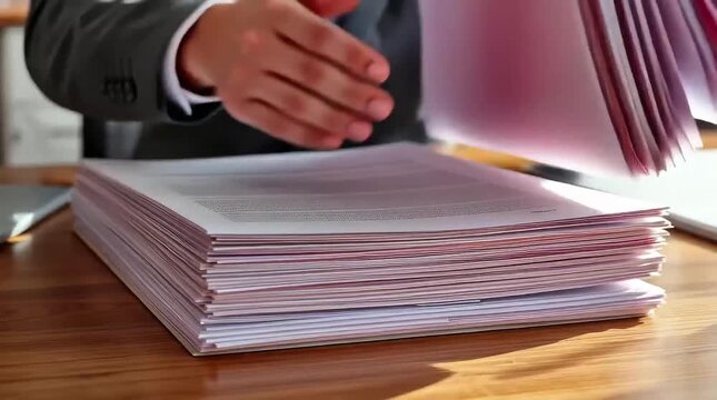 Close-up of hands flipping through a stack of documents on an office desk.
