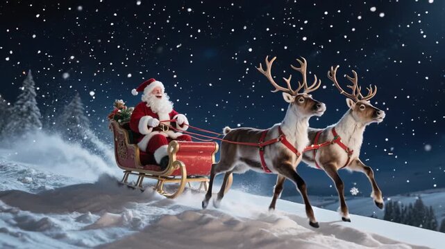 Santa Claus flying with reindeer in a sleigh through a snowy night sky
