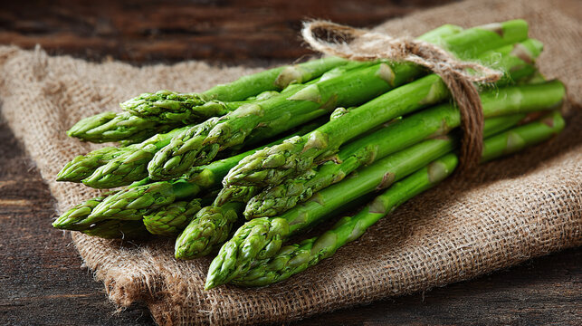 Freshly picked asparagus bundle resting on burlap, tied with twine. A vibrant display of green spears, symbolizing healthy eating and fresh produce.