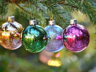Close-up of shimmering baubles and tinsel on fir branches.