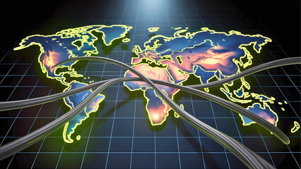 Global network of cables with CTI dashboard overlaying a world map with grid