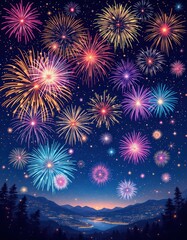 : Bright multicolored fireworks light up the night sky above a city nestled between mountains