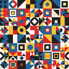 Bold geometric pattern featuring squares, circles, and triangles in primary colors, seamless pattern, Stock royalty free image.