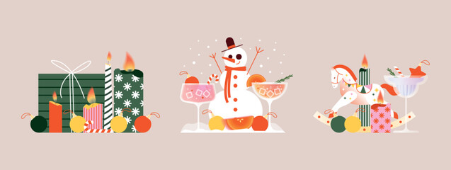 Christmas and New Year 2026 festive set with snowman, rocking horse toy, burning candles, cocktail glasses, wrapped gifts, baubles, candy canes, winter holiday decoration. Vector flat design