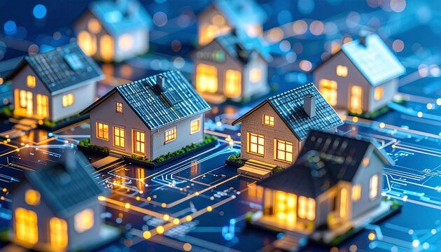 Model houses with glowing windows arranged on circuit board with illuminated lines—conceptual scene evokes smart neighborhoods, digital real estate, and tech-integrated living environments. - Powered by Adobe