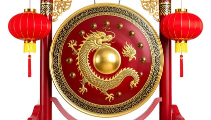 Chinese gong with dragon design and red lanterns