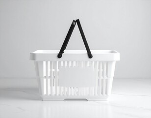 An empty white plastic shopping basket with black handles sits on a clean marble surface, offering a sleek, minimalist space for a mockup.


