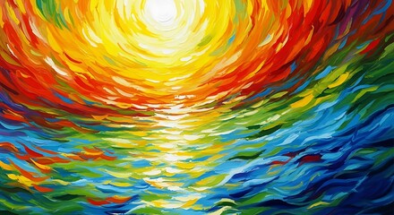 Abstract Oil Painting: Vibrant Sunset Over Colorful Ocean Waves