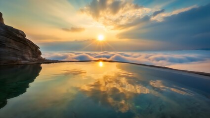 Sunset over ocean clouds reflected in infinity pool