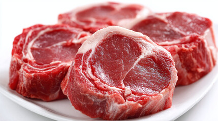 Fresh red meat cuts, featuring vivid red color & white fat lining. Placed on white plate against white backdrop. Food photography evokes culinary appeal.