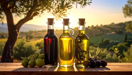 Three glass bottles of culinary oils and balsamic vinegar sit on a wooden surface, showcasing a picturesque landscape with olive trees and golden sunlight.