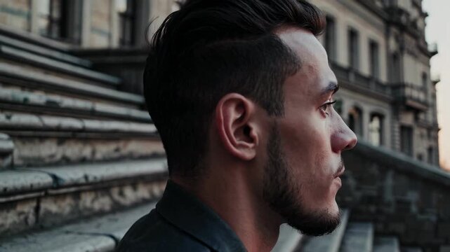 Side profile of a man with a focused expression, captured at eye level. The video style emphasizes urban architecture in the background.