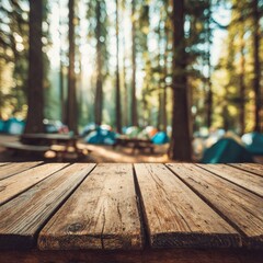 Fototapeta premium Wooden Picnic Table In Forest Campground