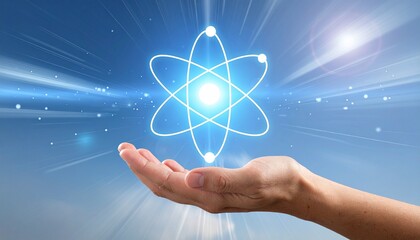 Glowing atomic symbol with elliptical orbits hovers above suited hand—blue light streaks and digital rendering evoke scientific innovation, quantum energy, and futuristic discovery.