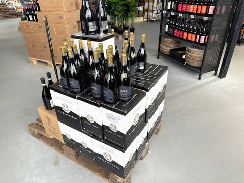 Supermarked wine section with a large selection of wine. Copenhagen, Denmark - June 4, 2025