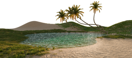 Tropical palm oasis lagoon at sunset sky. 3D Rendering.