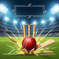 Dynamic cricket match moment with shattered wickets and explosive impact under bright stadium lights, capturing the intensity of the game's decisive action