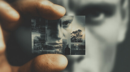 Surreal conceptual artwork of a hand holding a small collage with human face and landscapes, mysterious abstract photography style