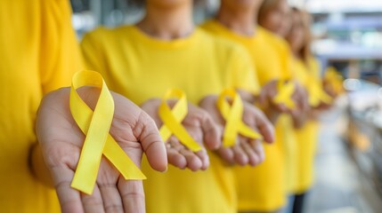 Volunteers in yellow t-shirts holding awareness yellow  ribbons