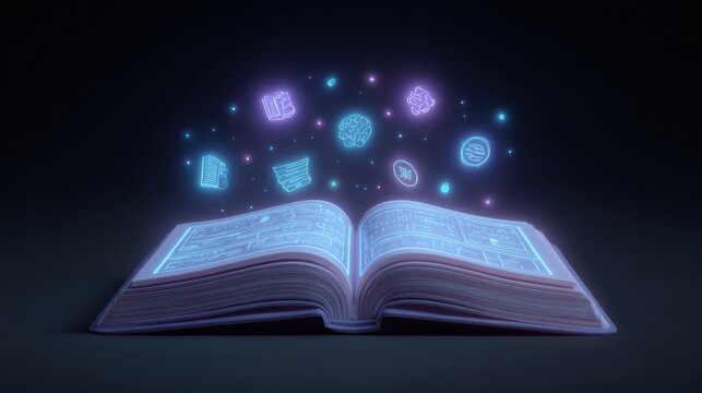 Open book with glowing icons floating above, representing knowledge, learning, and creativity in a digital world, colorful and dynamic illustration