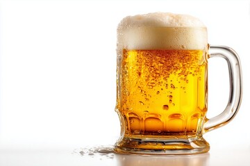 Large beer mug with golden beer foam isolated on white background 