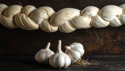A braided, light beige loaf rests above three whole heads of garlic, set against a dark, textured backdrop.