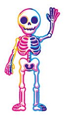 Friendly Kawaii Colorful Skeleton Waving Cartoon Sticker Illustration on Black