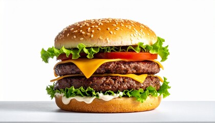Cheeseburger stacked with lettuce, grilled patty, cheddar, tomato, pickles, mayo, and sesame bun—clean white background highlights freshness, texture, and classic fast food appeal.