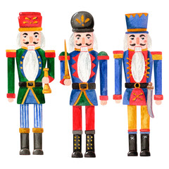 Set watercolor hand-drawn illustration of three different nutcrackers, ordinary, with a bell, with a sword. Make any compositions yourself. Can be used on fabrics and paper products and other