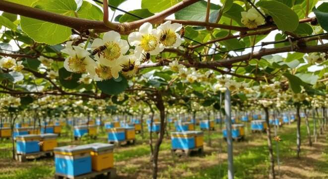Bees actively pollinating kiwi flowers around strategically placed hives showcasing sustainable crop management and the crucial role of apiculture.