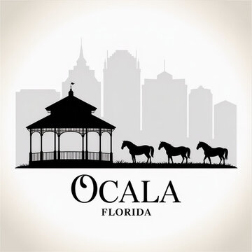 Ocala Florida Skyline Silhouette &mdash; Horse Capital of the World Vector Illustration