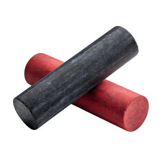 A close up of two cylindrical objects one black and one red overlapping on a transparent background