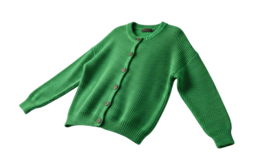 Green Knitted Cardigan Sweater with Brown Buttons cutout isolated on transparent bg, png