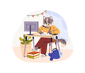 Cute cat student does homework at the desk. Anthropomorphic animal is learning, writing in notebook. Funny kitty pupil studies with book. Flat isolated vector illustration on white background