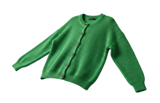 Green Knitted Cardigan Sweater with Brown Buttons cutout isolated on transparent bg, png