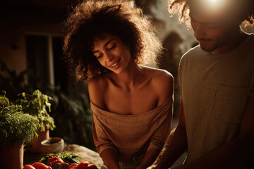 couple joyfully prepares traditional meal on grill in their backyard during sunny evening