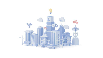 Modern city infrastructure integrates technology and sustainability, showcasing smart solutions for energy, transportation, and communication in a clean, minimalist style.