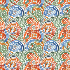 Abstract watercolor pattern with swirls and organic shapes in blue and orange, patern seamless, royalty stock.