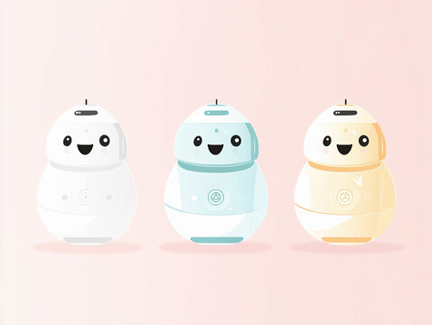 Set of Three Cute Robot Characters with Color Variations, AI Generated Illustration