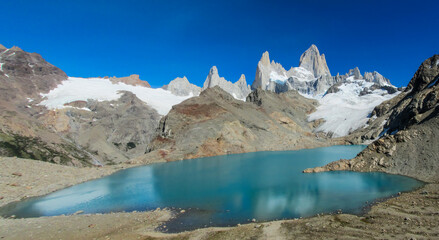Monte Fitz Roy mountain summit in argentinian Patagonia. High granite mountain  iconic landscape of El Chalten famous hike in South America. El Chalten trekking landscape in Patagonia, Argentina