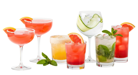 Colorful collection of refreshing cocktails with garnishes, cutout isolated on transparent bg, png