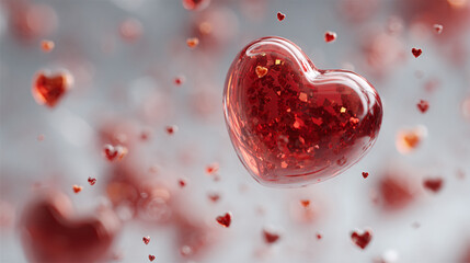 Fototapeta premium Floating hearts: a romantic 3D render with depth of field. Tiny red hearts abound, perfect for love-themed visuals. Celebration and affection.