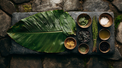 Banana leaf fresh green banana leaf which is empty placed on wooden texture
